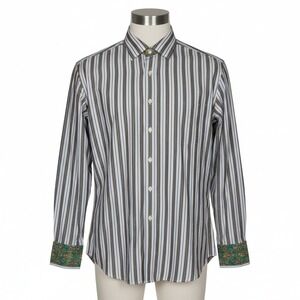Robert Graham XL Shirt Blue Striped Long Sleeve Flip Cuff Luxury Designer Button